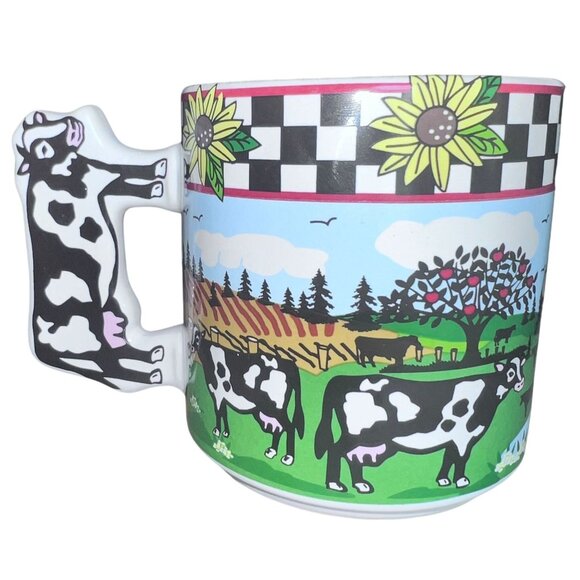 Colorful Farm Cow Mug With Cow Handle WHT GRN BLK Great Condition Great Gift - Picture 1 of 11